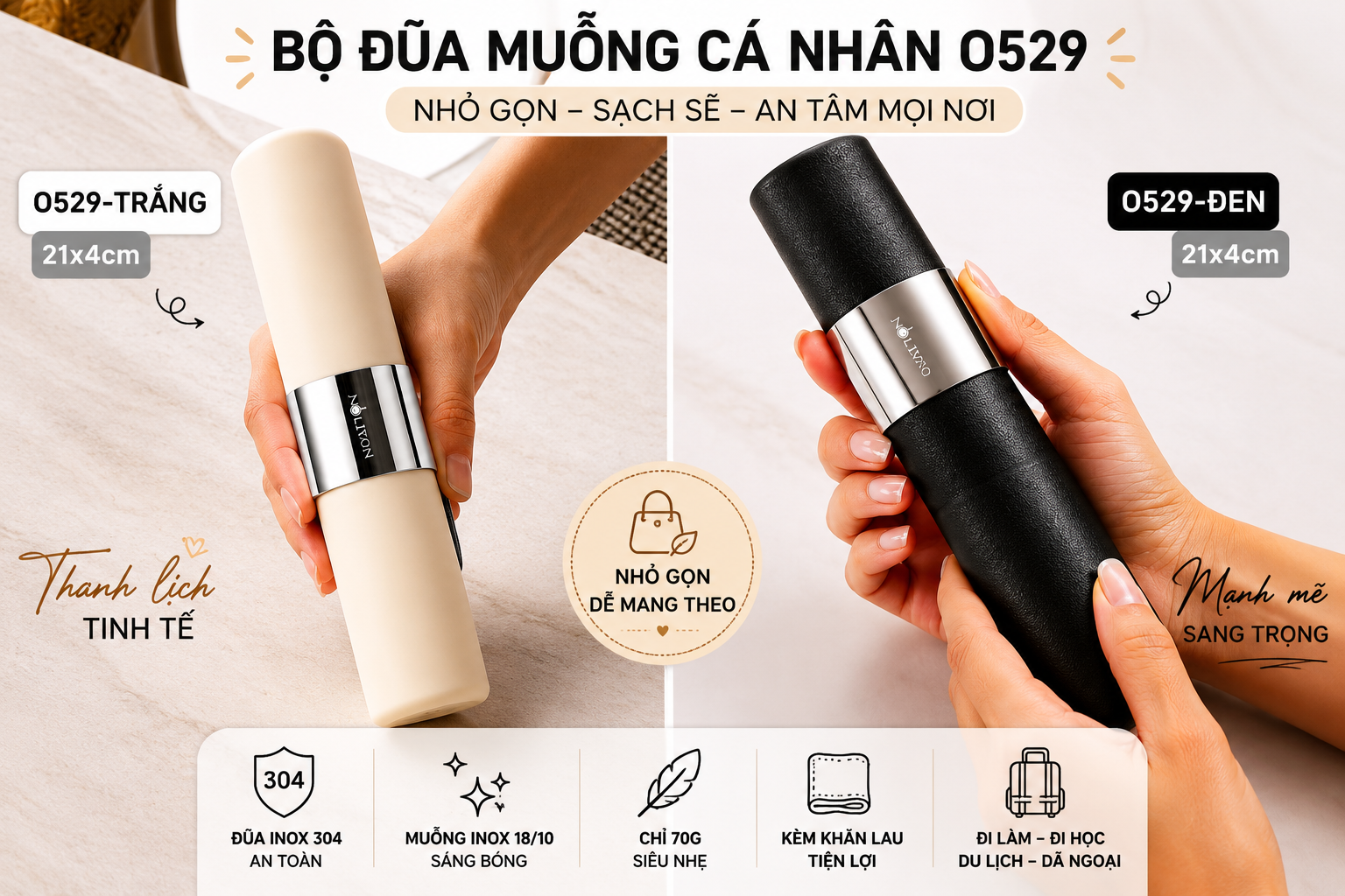 Bộ Đũa Muỗng Cá Nhân OYATTON Elite Togo Inox 304 Cao Cấp Kèm Hộp Và Khăn Lau Nhỏ Gọn Đi Làm Đi Học Du Lịch Dã Ngoại O529