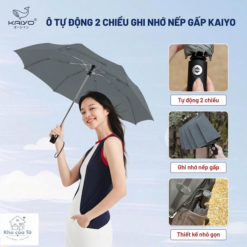 Ô tự động 2 chiều ghi nhớ nếp gấp Kaiyo Nhật, màu ghi và màu xanh mint, đóng mở dễ dàng gọn nhẹ