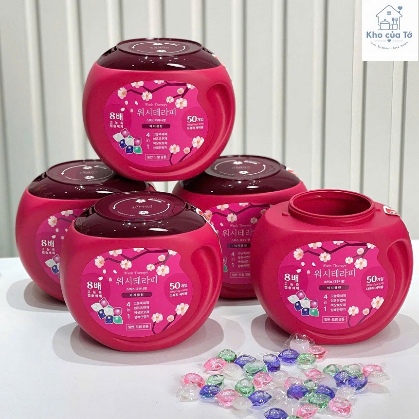 Viên giặt xả Wash Therapy Hà Quốc, hộp 50 viên, giặt sạch xả mềm lưu hương thơm, giặt xả tiết kiệm.