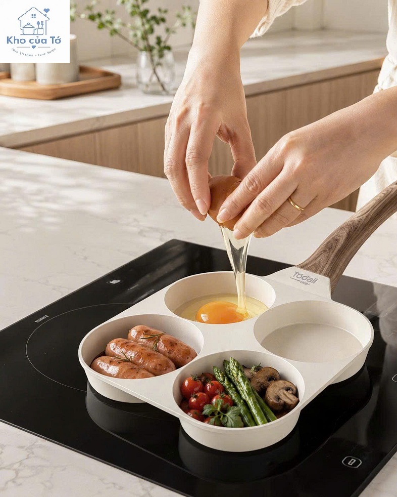 Chảo chiên rán đa năng chia ngăn chảo chống dính 4 ngăn Todaii Nhật nấu bữa sáng, chiên rán trứng cùng lúc