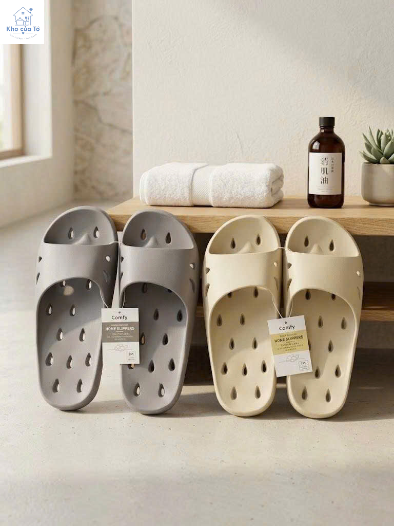 Dép lỗ nhà tắm siêu nhẹ bền bỉ, chống trượt, dễ vệ sinh Comfy màu be & ghi thời trang cho cả nam & nữ