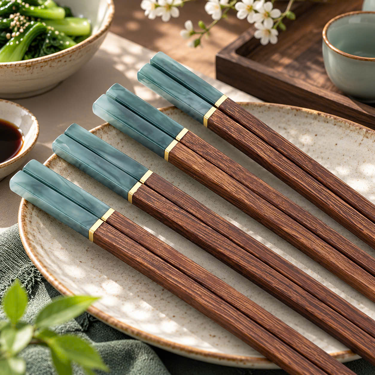 Set 10 đôi đũa gỗ xương cánh gà đầu ngọc Mimat đầu vuông ngọc trắng/xanh & đầu tròn ngọc trắng/xanh, kích thước 25cm