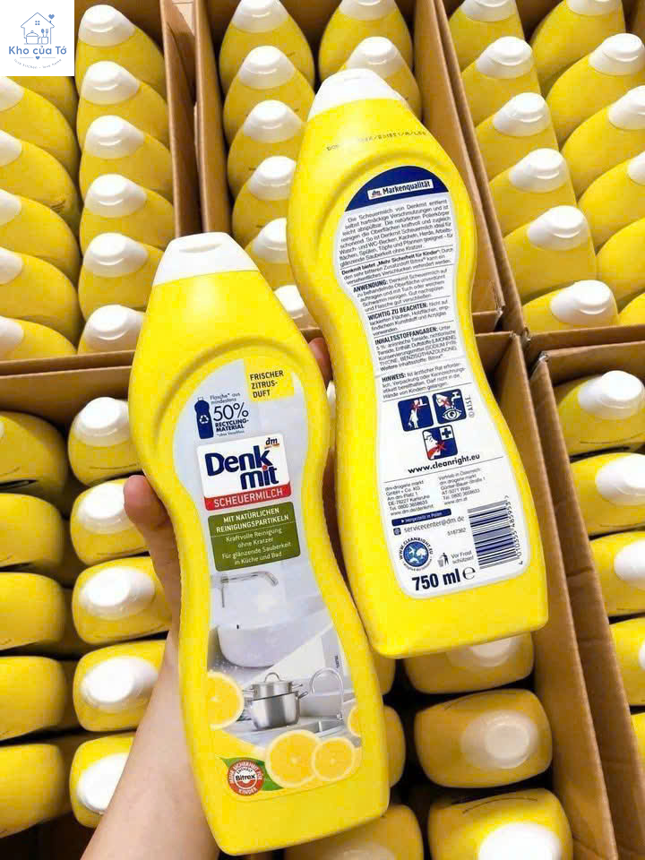 Kem tẩy đa năng dạng sữa Denkmit Scheuermilch 750ml loại bỏ các chất vôi hóa, các vết ố vàng trên bề mặt inox, đồ sứ, hương chanh tươi mát, không độc hại